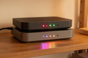 Two home routers connected in series on a shelf, a double NAT setup
