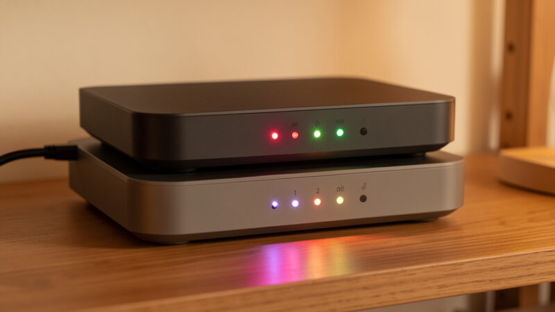 Two home routers connected in series on a shelf, a double NAT setup