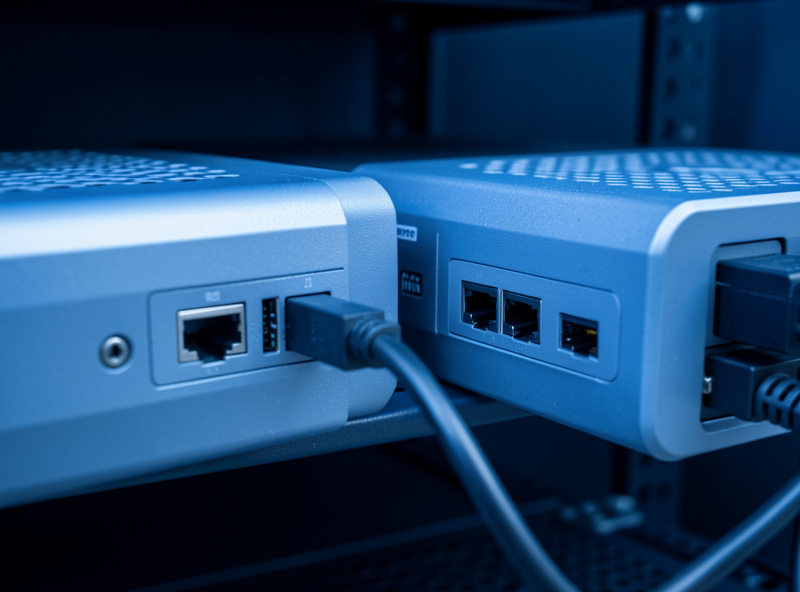 Two identical fanless firewall appliances in a rack connected by a short sync cable