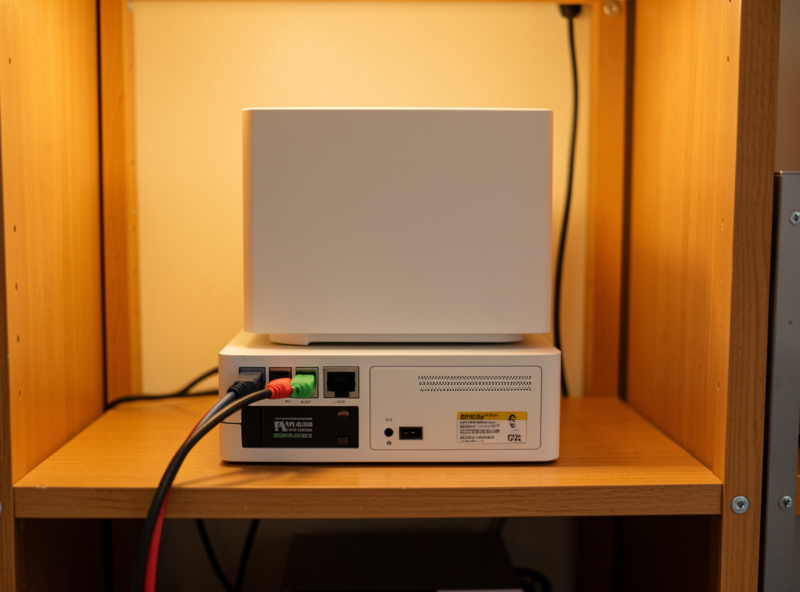 A single fanless firewall appliance on top of a UPS battery backup with two WAN cables