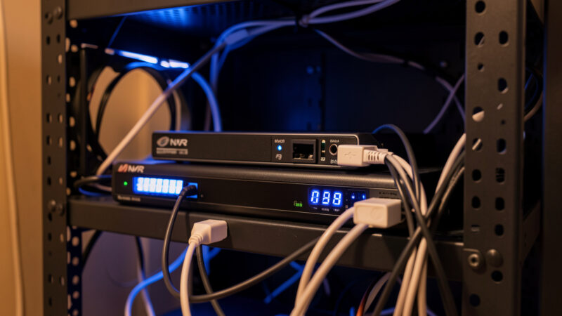 Homelab mini PC running Frigate NVR with a Google Coral USB accelerator plugged in
