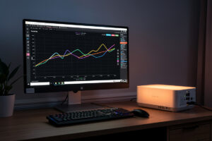 Network latency and packet-loss monitoring graph on a monitor beside a firewall appliance