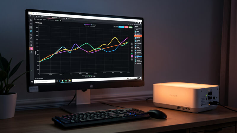 Network latency and packet-loss monitoring graph on a monitor beside a firewall appliance