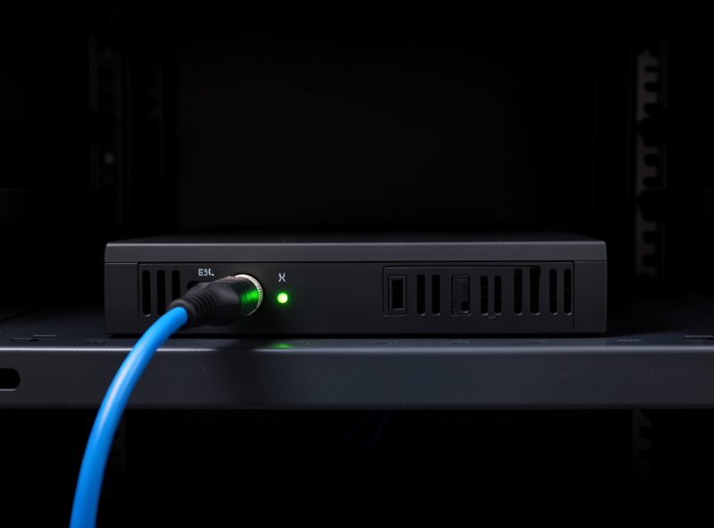 Firewall appliance on a shelf with a blue serial console cable plugged in and a green link LED