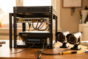 Home network rack with an NVR server, PoE switch, and two IP security cameras on a workbench
