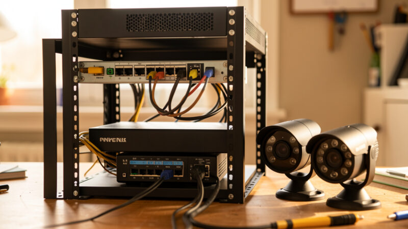 Home network rack with an NVR server, PoE switch, and two IP security cameras on a workbench