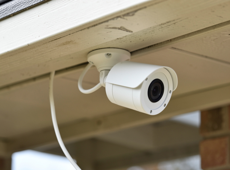 White PoE bullet IP camera mounted under an eave with a single ethernet cable
