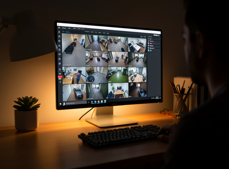 Monitor showing a multi-camera surveillance grid dashboard in a dim home office