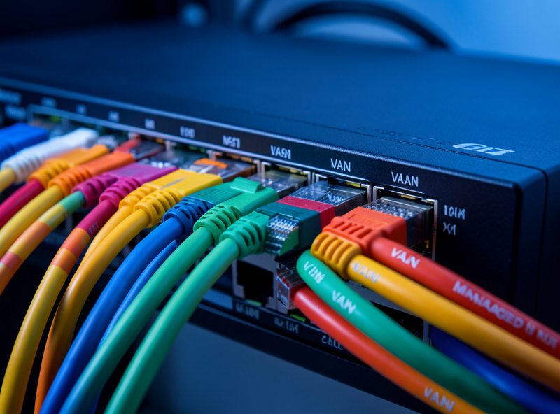 Managed network switch with color-coded ethernet cables labeled by VLAN