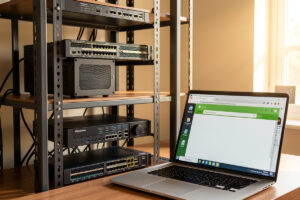 Home network rack with fanless firewall and managed switch, laptop showing a green padlock in the browser