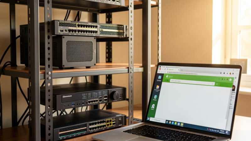 Home network rack with fanless firewall and managed switch, laptop showing a green padlock in the browser