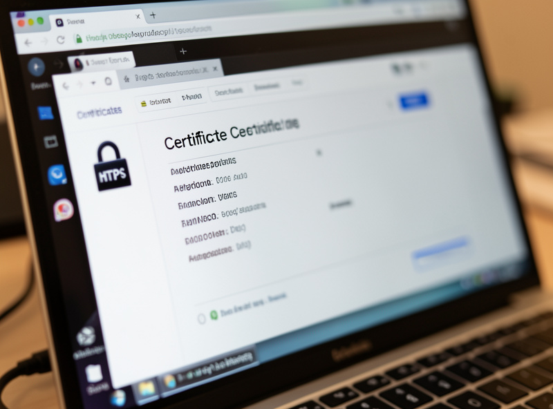 Laptop screen showing a browser certificate details panel with a valid HTTPS lock icon