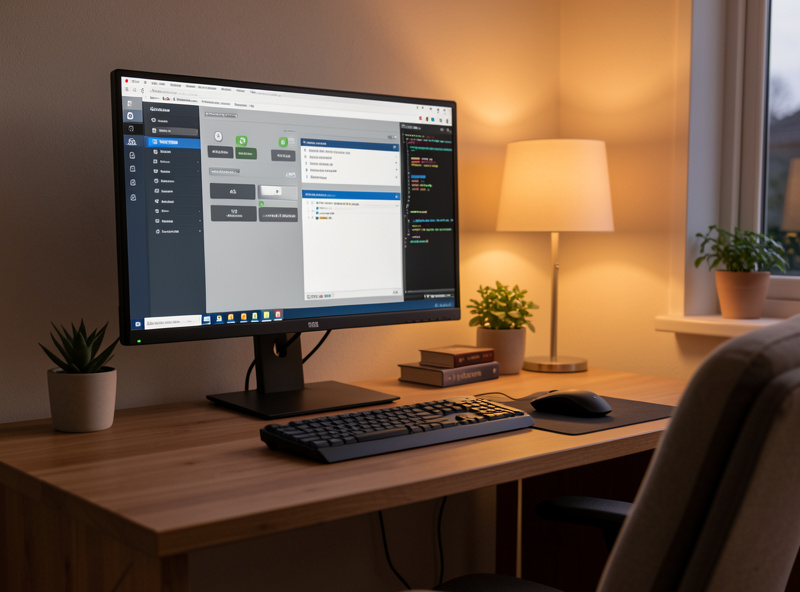 Home office desk with a monitor showing a reverse proxy dashboard and terminal windows