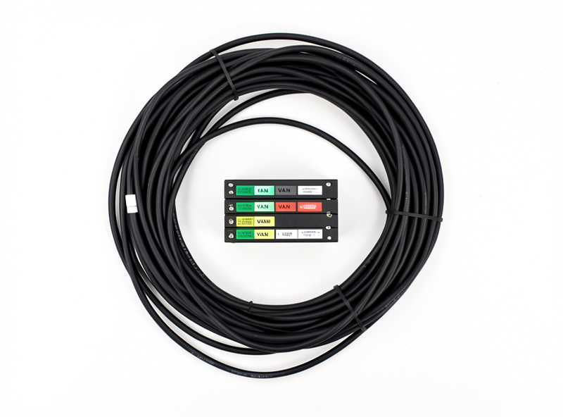 Overhead flat lay of network cables and a small labeled rack with VLAN tags