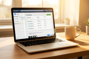 Laptop showing a home router status page with network interface and IP details