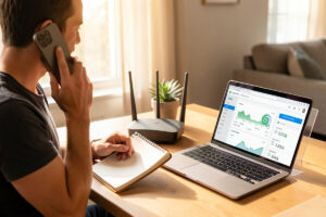 Person on a call with their ISP beside a home router and a laptop showing network status