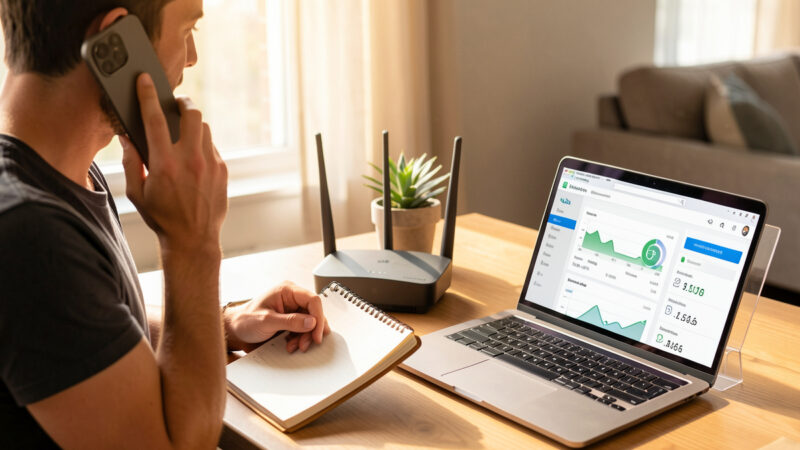 Person on a call with their ISP beside a home router and a laptop showing network status