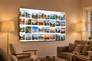 Wall display showing a grid of personal travel photos in a self-hosted gallery app in warm living room light