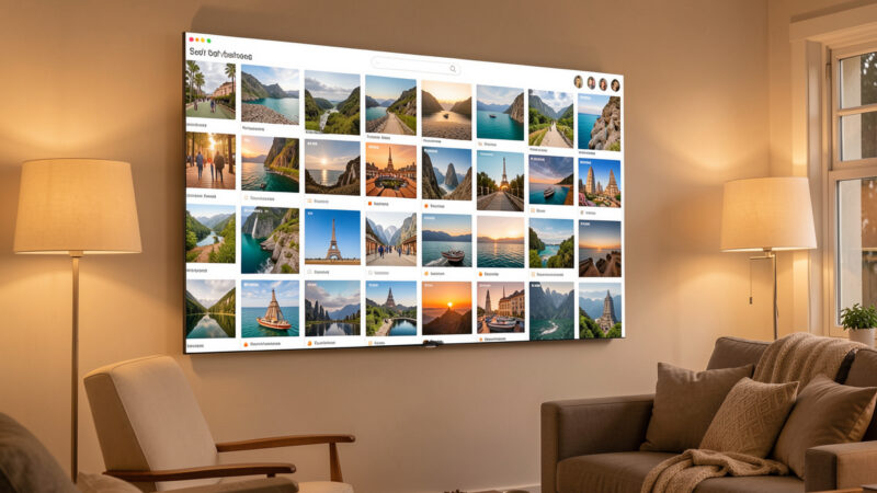 Wall display showing a grid of personal travel photos in a self-hosted gallery app in warm living room light