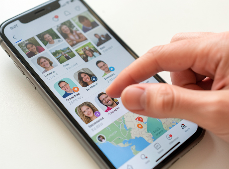 Smartphone screen showing a photo timeline with face grouping tiles and a map view