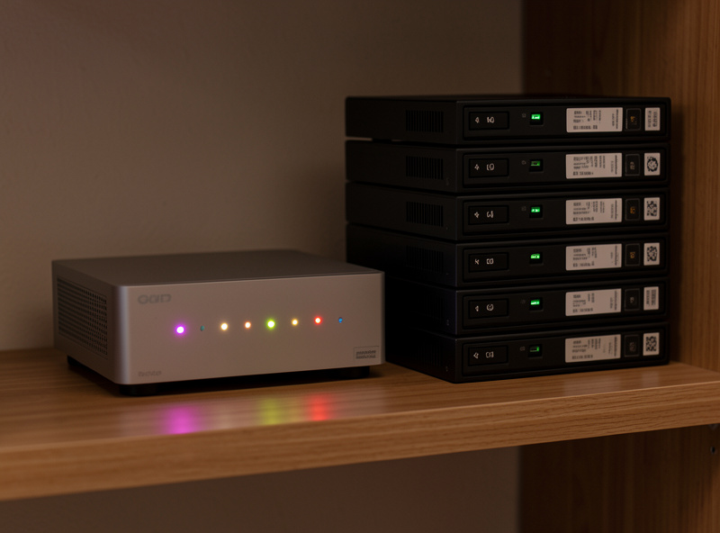 Small home server with status LEDs glowing on a wooden shelf next to external hard drives