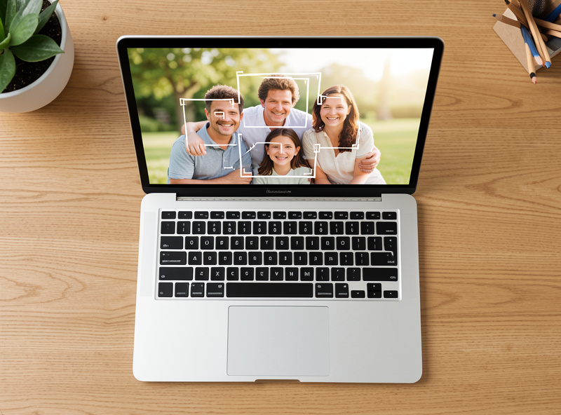 Laptop displaying machine-learning face detection bounding boxes over a family photo