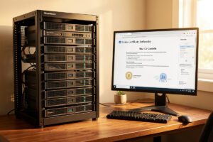 Home server rack representing a private certificate authority with a root CA certificate on screen