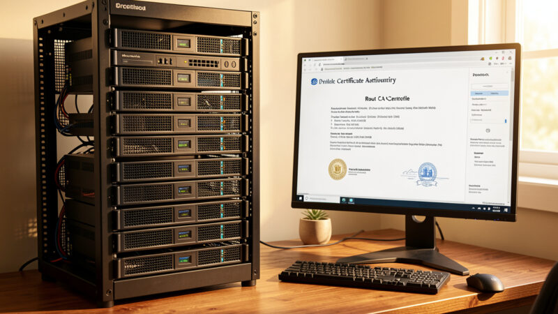 Home server rack representing a private certificate authority with a root CA certificate on screen