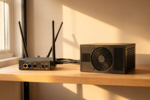 A 5G LTE modem with external antennas beside a firewall appliance on a shelf