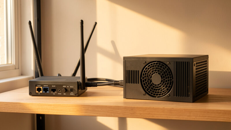 A 5G LTE modem with external antennas beside a firewall appliance on a shelf