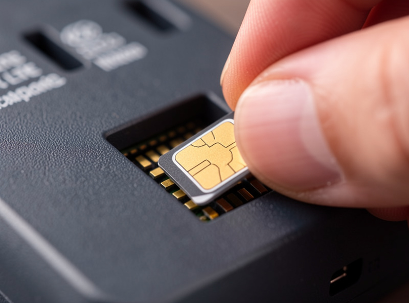 A hand inserting a nano SIM card into the slot of an LTE modem, close-up on the gold contacts