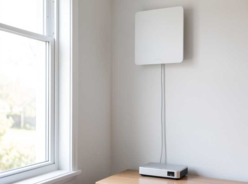 A flat panel cellular antenna mounted high on a wall near a window with a coax cable running down to a modem
