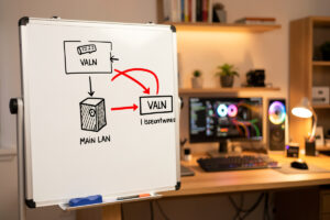 Network diagram showing a camera VLAN isolated from the main LAN with a no-internet firewall rule