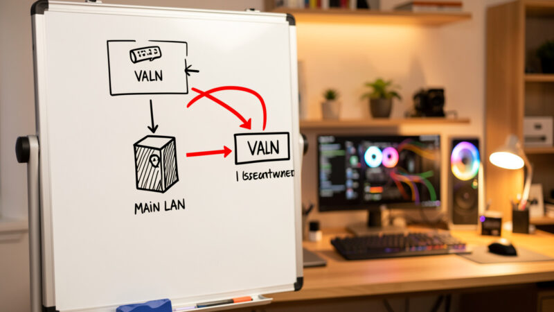 Network diagram showing a camera VLAN isolated from the main LAN with a no-internet firewall rule