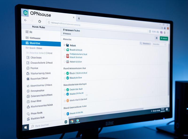 OPNsense firewall rules screen showing block and allow rules on a monitor