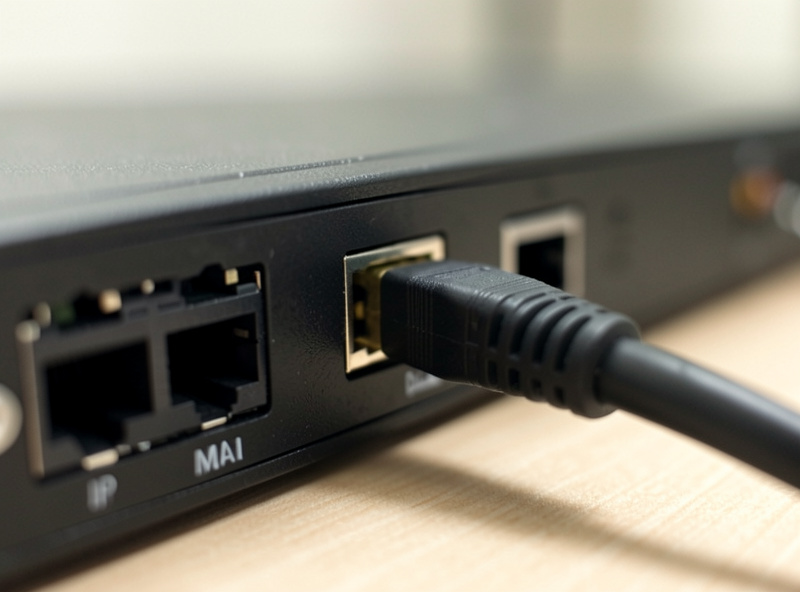 Managed switch with one port highlighted and an IP camera cable plugged in