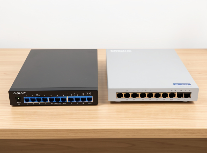 A gigabit switch beside a 2.5G multi-gig switch, illustrating the AP uplink bottleneck