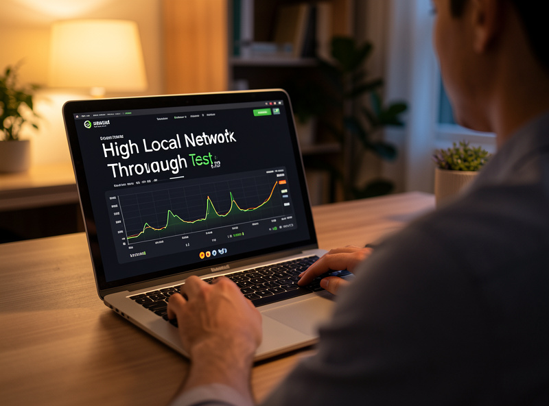 A laptop showing a high local network throughput test in a home office