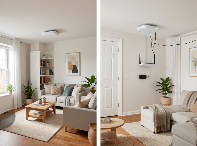 An older Wi-Fi 6 access point and a newer Wi-Fi 7 access point mounted in different rooms