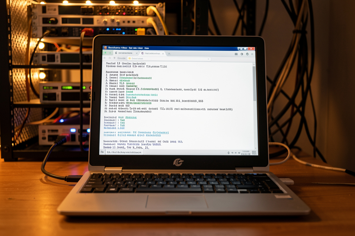 Terminal on a desk showing a successful TLS certificate issuance log with a network rack behind