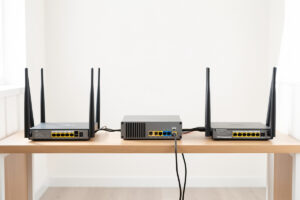 Two internet routers each cabled into one firewall appliance, illustrating load balancing