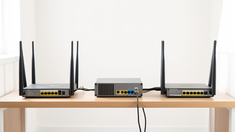 Two internet routers each cabled into one firewall appliance, illustrating load balancing
