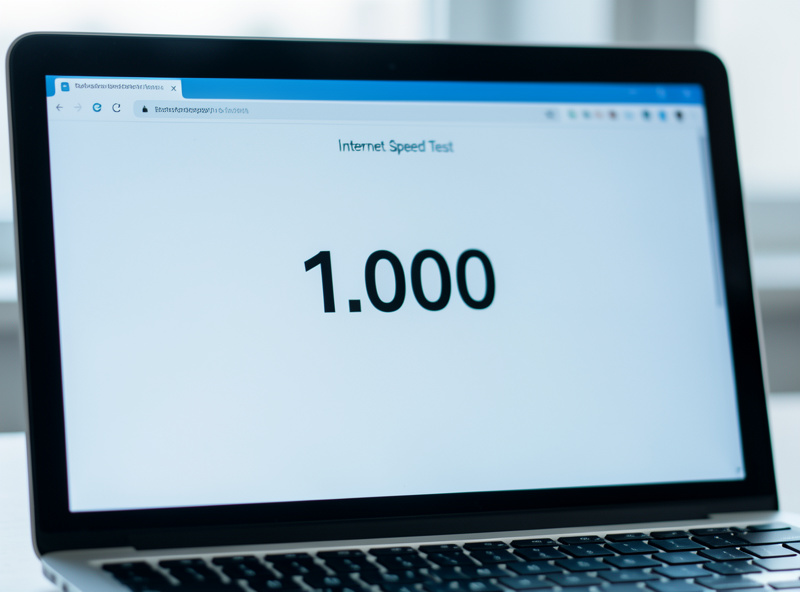 A laptop screen showing an internet speed test result with a single throughput number
