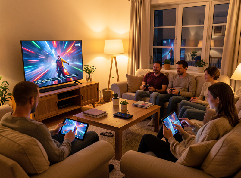 A busy living room with several people using different devices at once