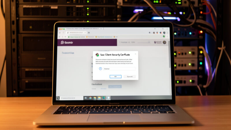 Laptop showing a browser dialog to select a client security certificate with a network rack behind