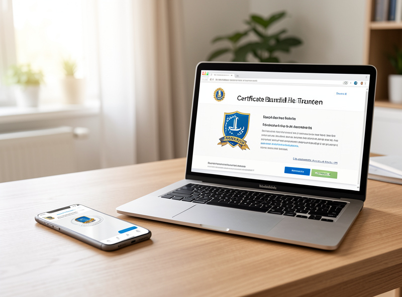 A smartphone and a laptop on a desk with a certificate bundle file transfer in progress