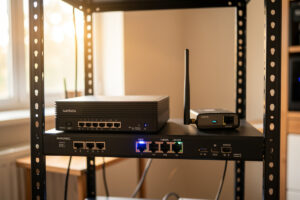 Home network rack with a fanless firewall appliance and a 5G backup modem on a shelf