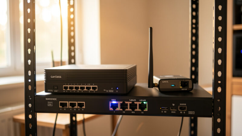 Home network rack with a fanless firewall appliance and a 5G backup modem on a shelf