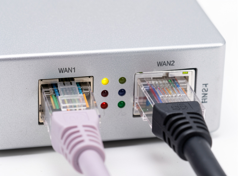Two ethernet cables labeled WAN1 and WAN2 plugged into a silver fanless x86 firewall appliance