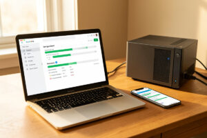 Laptop and smartphone showing file sync progress bars with a NAS and ethernet cable on a wooden desk